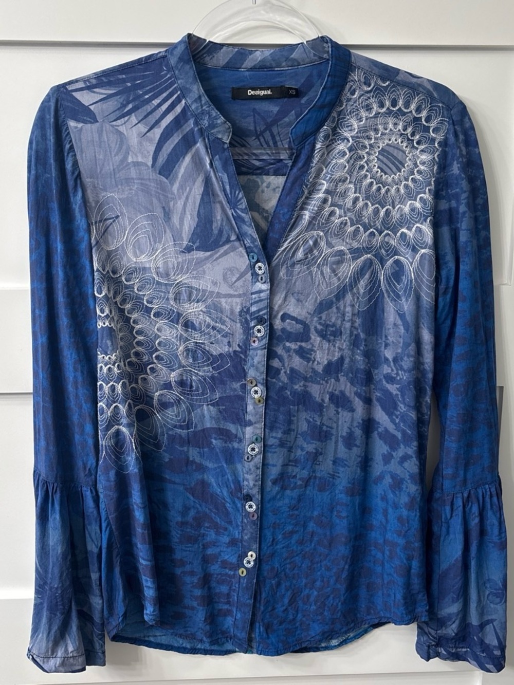 Desigual Fairy Y2K Blue Embroidered Printed Button-Down Tunic Blouse